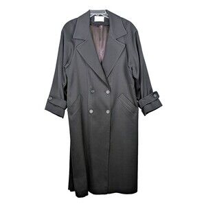 VTG Fleurette Wool Double Breasted Trench Coat Womens Size 18 Black Lightweight